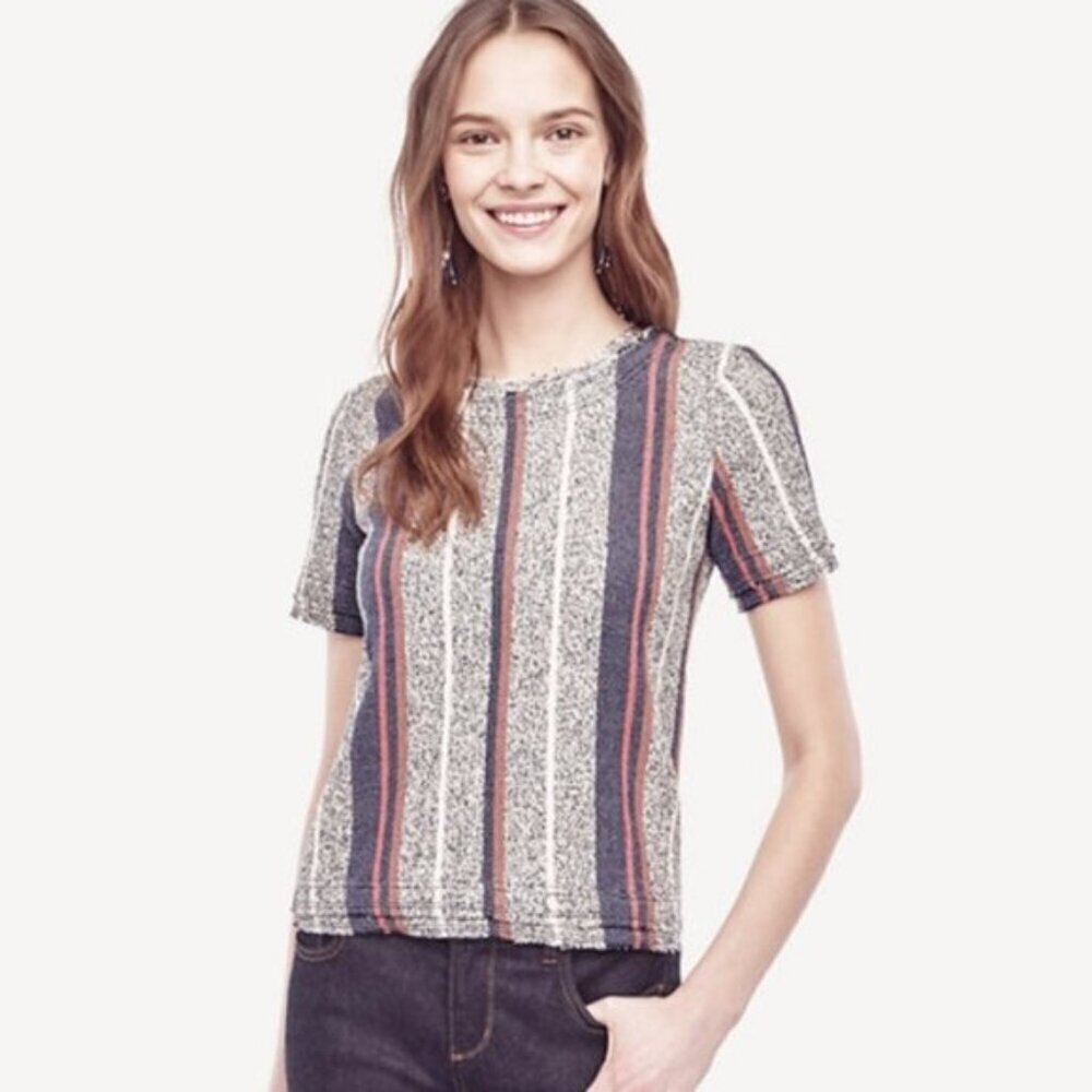 Ann Taylor Racer Stripe Short Sleeve Fringe Top